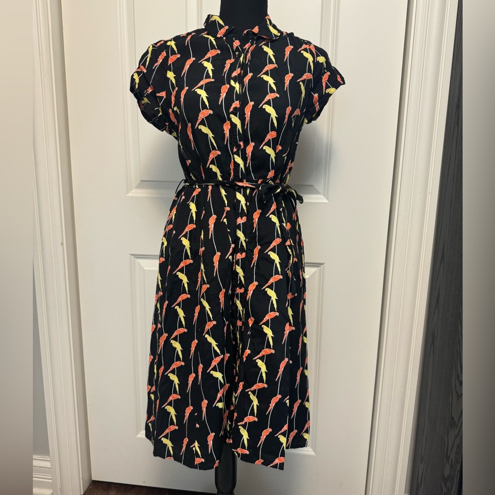 Black Midi Shirt Dress with Orange & Yellow Flamingo Print
